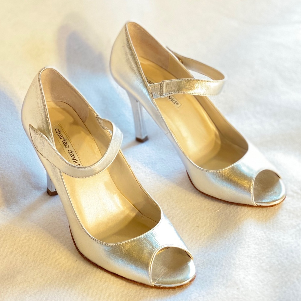 Charles David silver open toe heels with straps